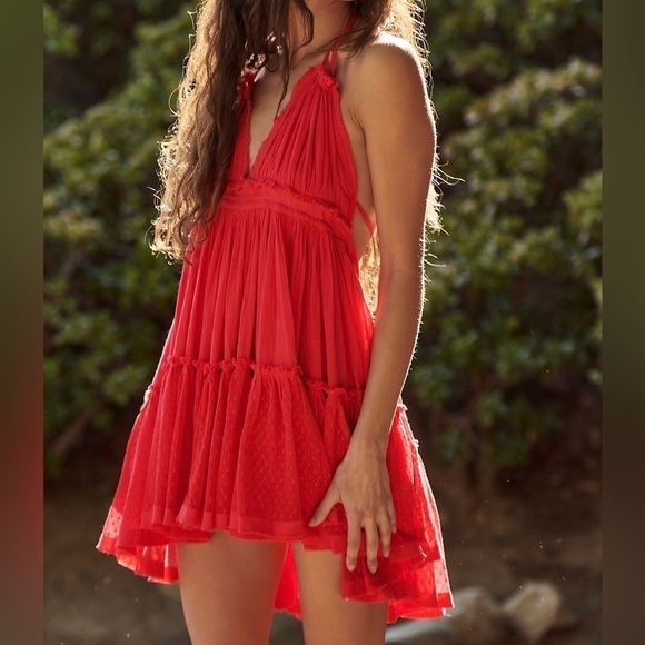 Double Delight Bohemian Backless Cami Lace Ruffle Empire Waist Mini Dress - Picture 1 of 7